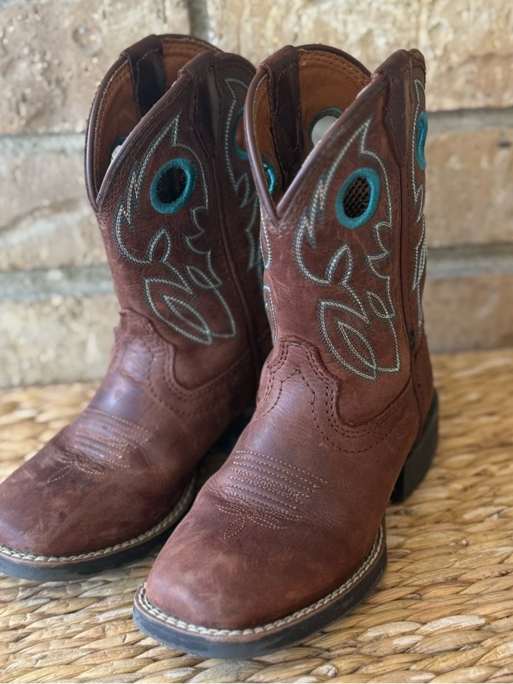 Justin Boots Brown Kids Western Boots with Teal Pull Holes